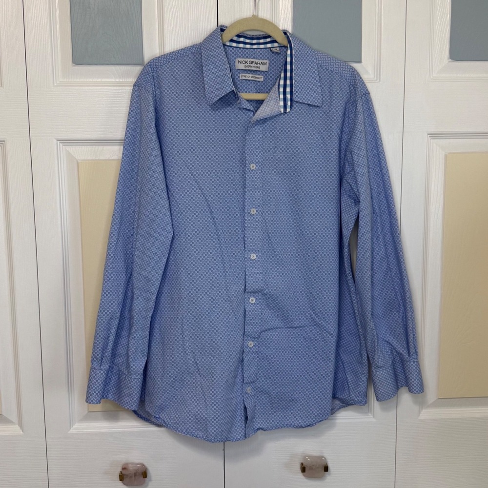 Nick Graham Everywhere Men XL Blue Geometric Stretch Modern Fit Button Down